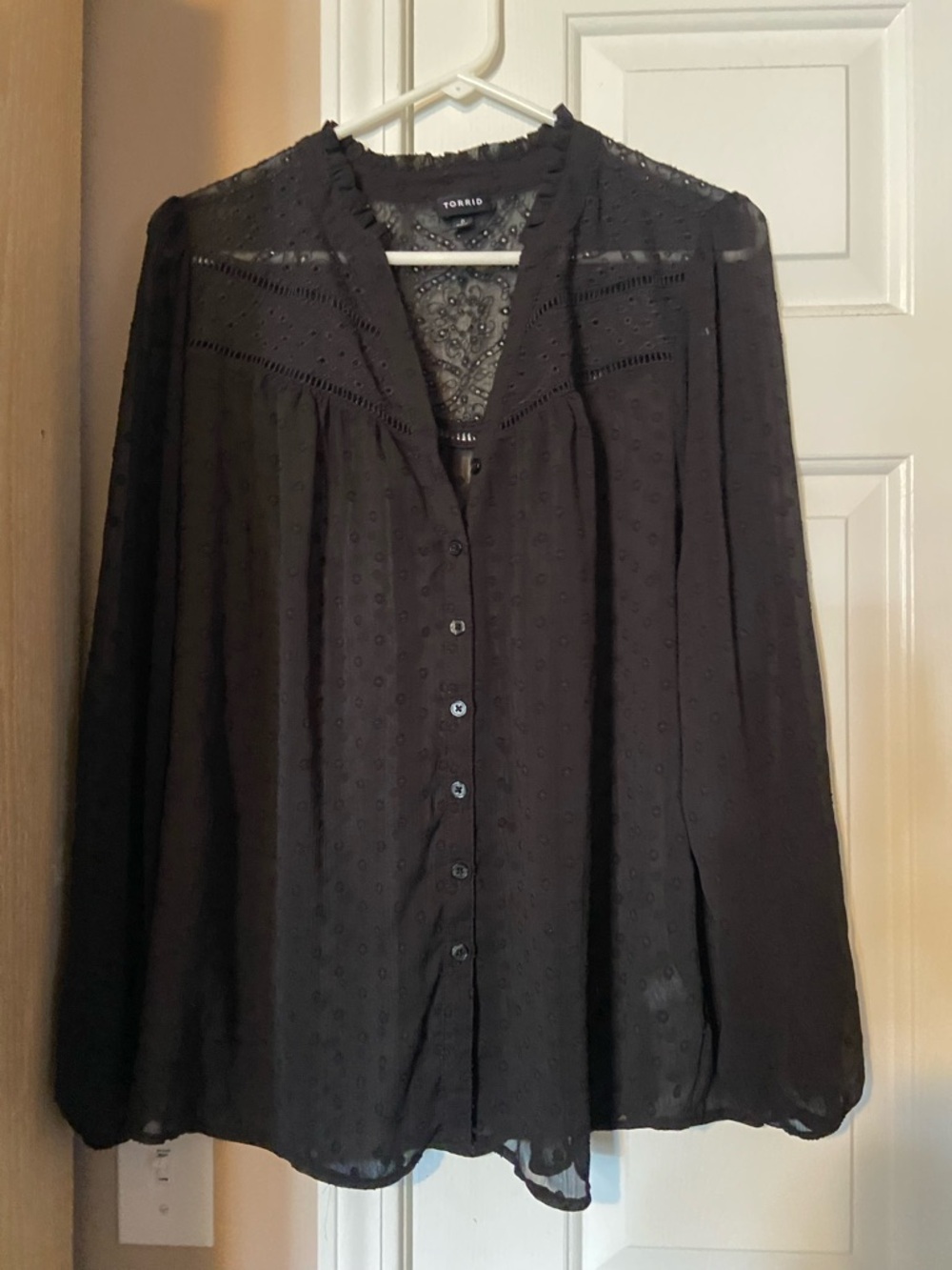 torrid Black Swiss-Dot Lace Yoke Button Blouse